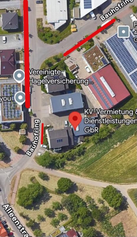 Karte Bauhofring in Tamm: rot markierte Parkbereiche rund um KV-Vermietung